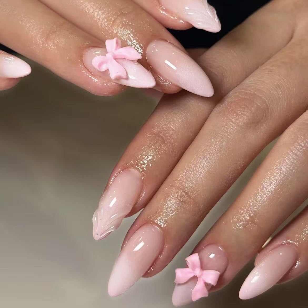 Handmade Gradient Milky white tip Press on Nails style Almond Fake Nails with Glue Stick on Nails for Women Manicure Decoration Bow 10PCS (MT-134-M)