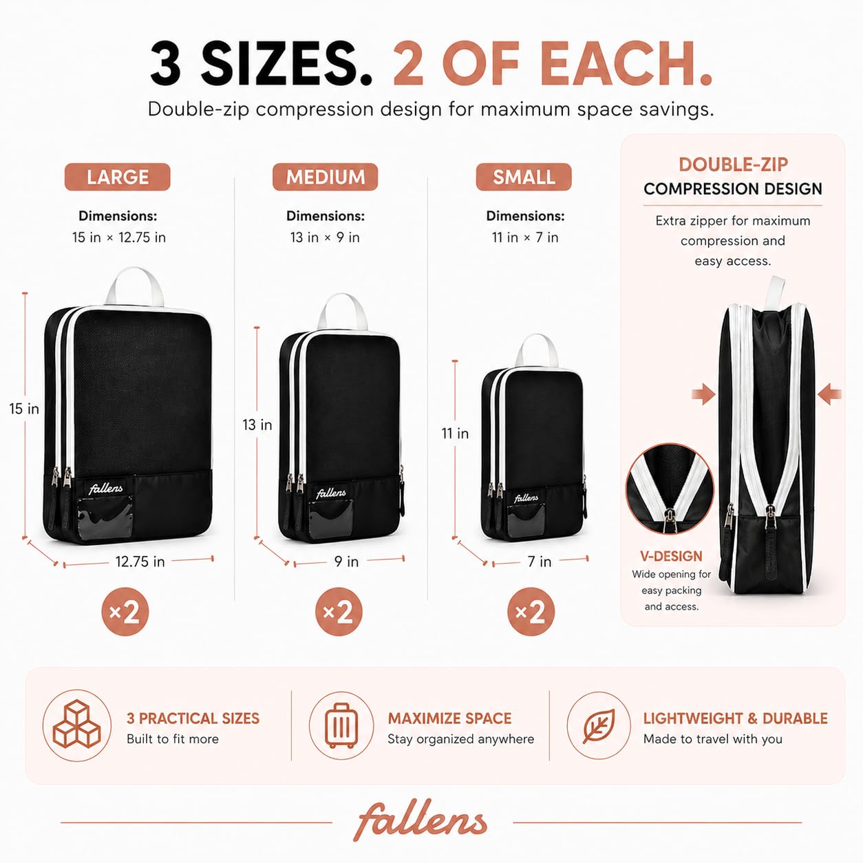 FALLENS 8 Set Luxury Compression Packing Cubes for Travel Expandable/Compression Luggage Packing Organizers, Includes 6 Full-Size Cubes, 1 Laundry Bag & 1 Toiletry Bag, Dual Zipper System