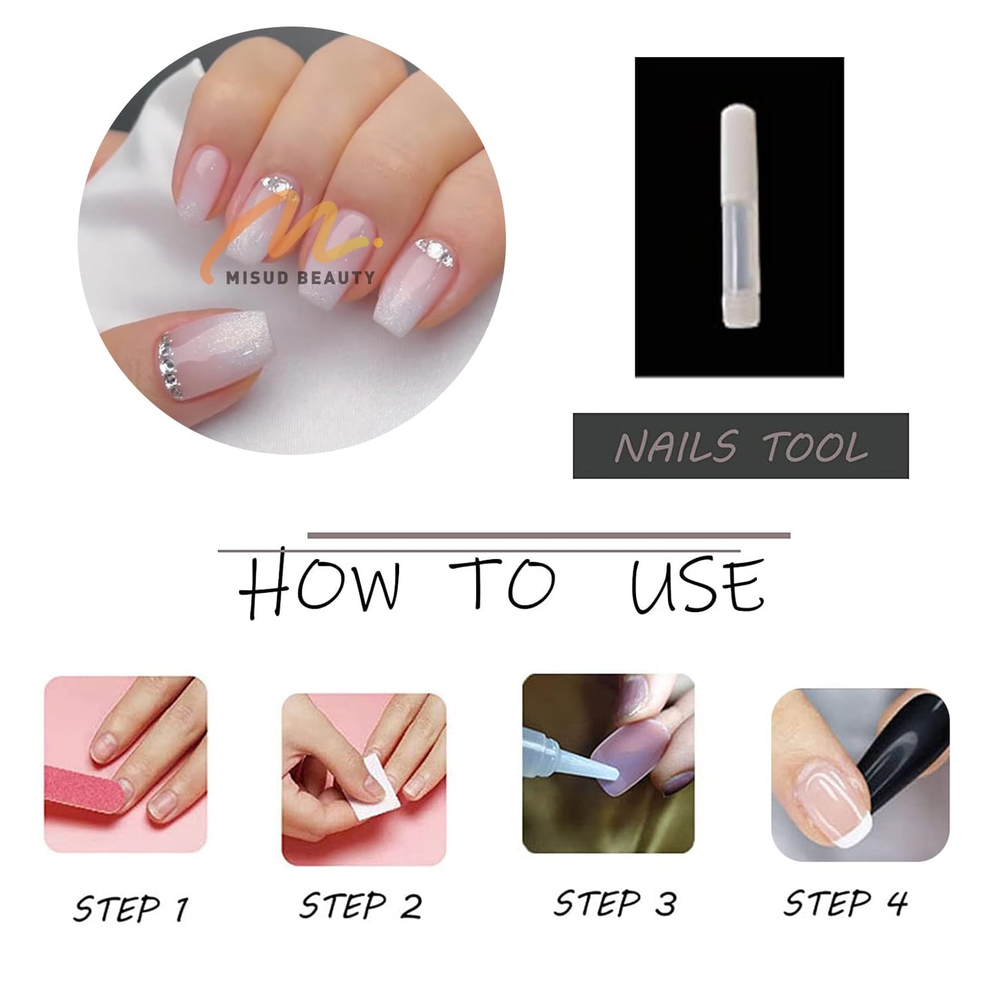 MISUD Press on Nails - Medium Coffin Fake Nails with Nude White Ombre, Acrylic Bling Glitter Rhinestone Design 24 pcs