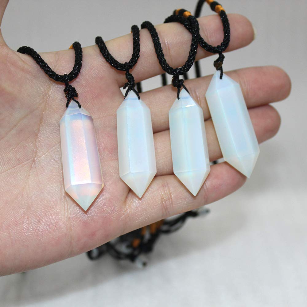Runyangshi Opal Healing Crystal Pendants, Double Pointed Crystal Quartz Necklace 6 Faceted Chakra Crystal Wand Stone