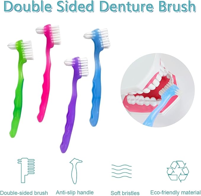 4 Pieces Denture Brush, Small Toothbrush for Dentures, Multi-Layered Bristles Ergonomic Rubber Handle for False Teeth Cleaning