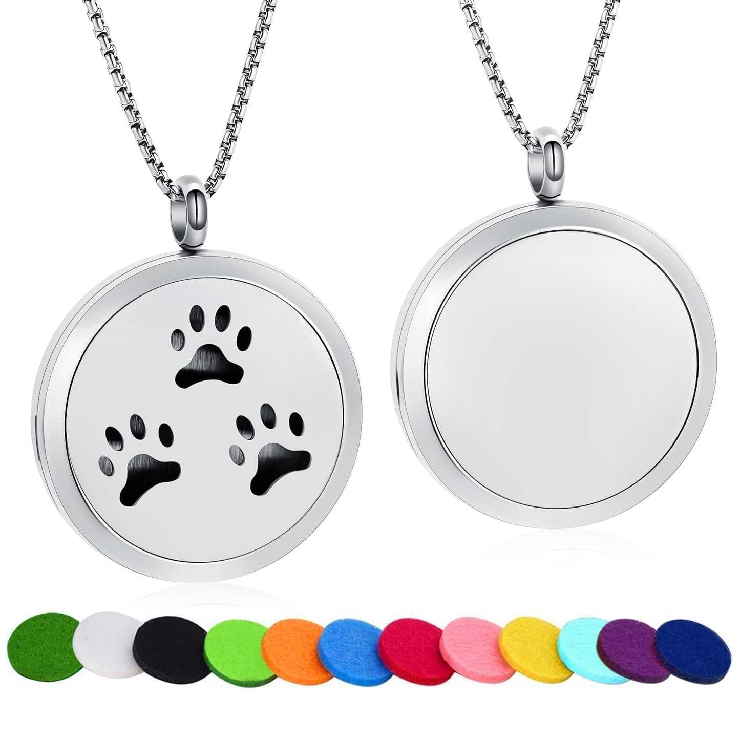 Minicremation Stainless Steel Paw Print Round Perfume Essential Oil Diffuser Pendant Necklace Women Aromatherapy Essential Oil Diffuser Locket Pendant Necklace, with Refill Pads