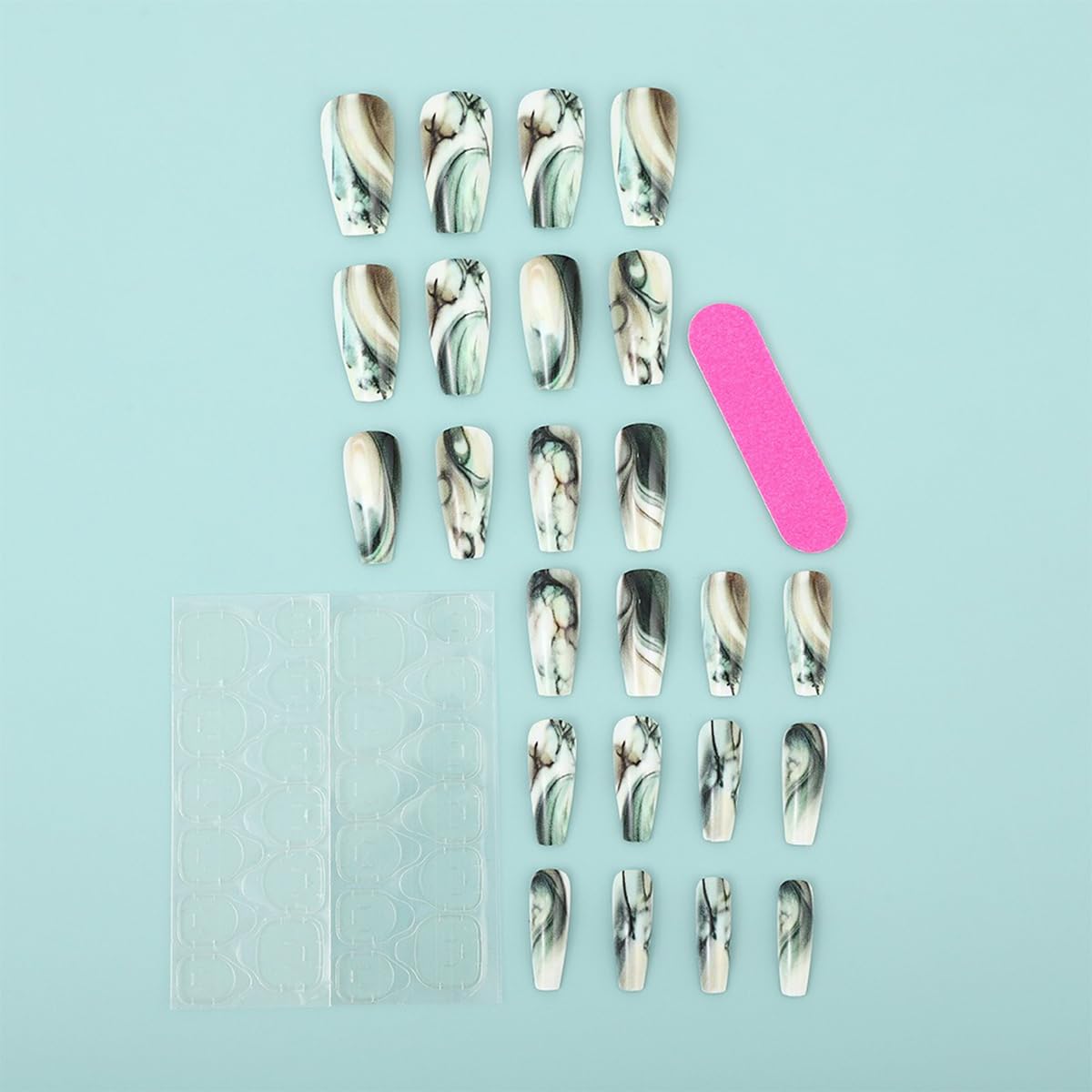 Medium Press On Nails Coffin Shaped Glue On Nail Green White Gradient Stripes Fake Nails With Designs Reusable Full Cover False Nails Cute Stick On Nails For Women 24pcs