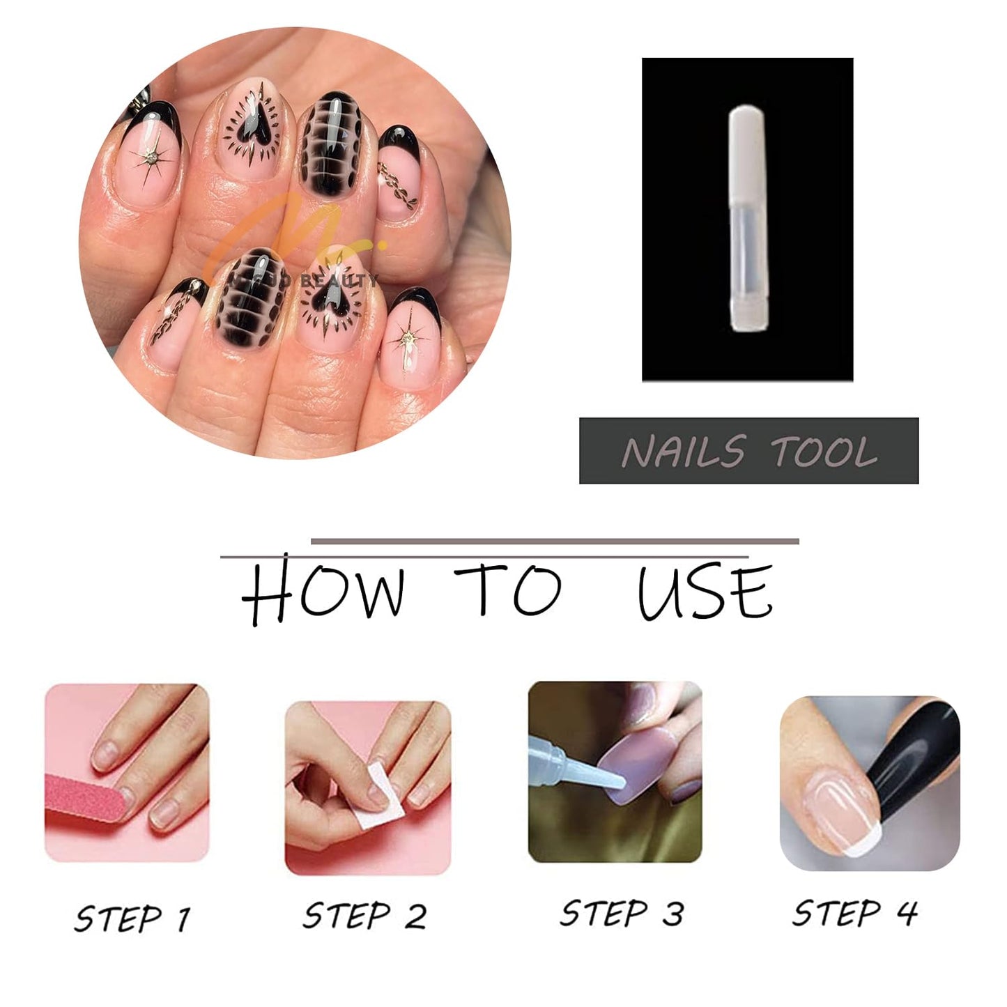 MISUD Press on Nails - Medium Almond Fake Nails with Black French Tip, Acrylic Flower Design 24 pcs