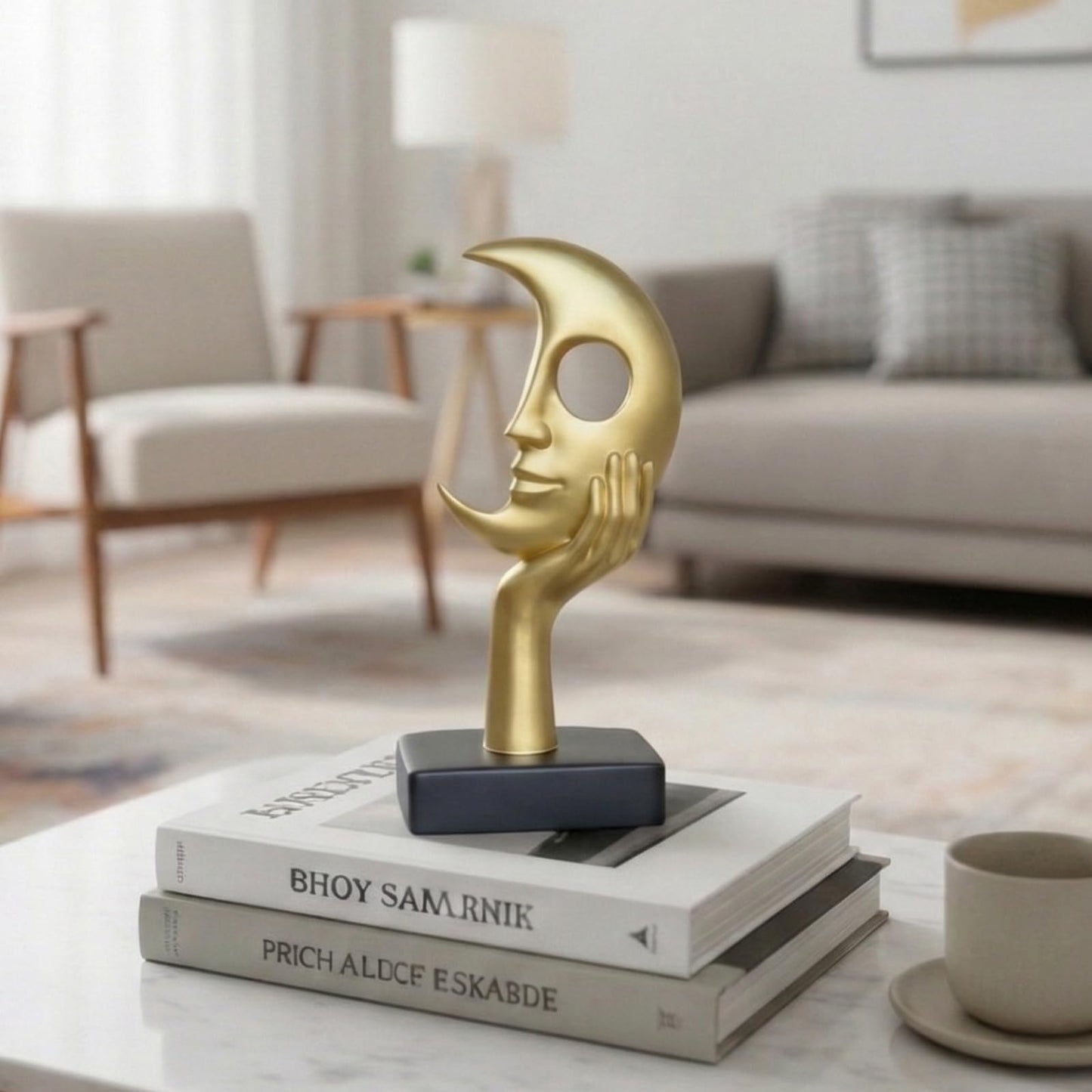 Lodkksg Gold Moon Face Sculpture with Hand, Modern Abstract Art Decor, Black Base
