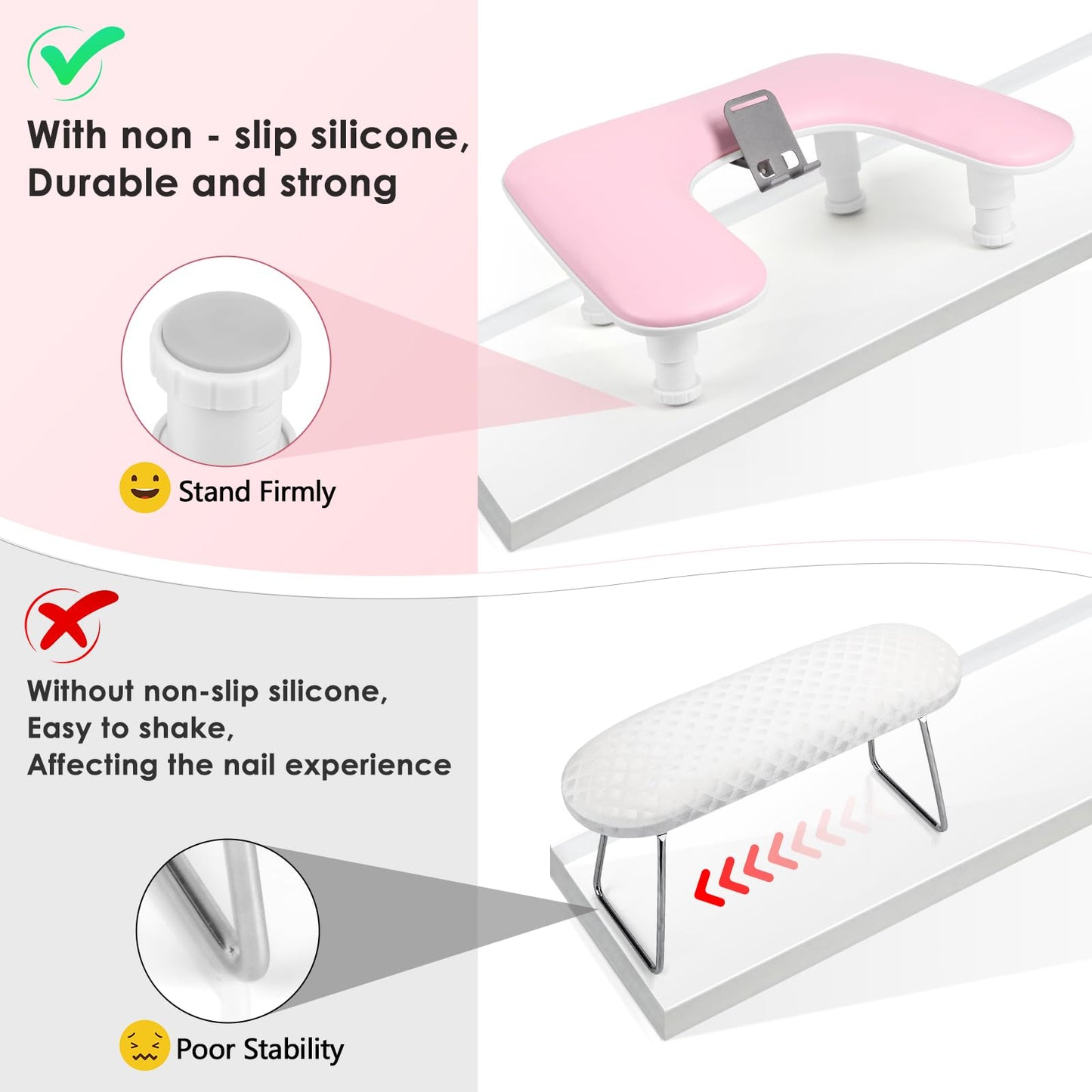 LIONVISON Arm Rest for Nails Tech: U Shaped Adjustable Height Ergonomic Nail Hand Rest Stand PU Leather with Rotating Phone Holder for Nail Salon Manicurist (Pink)