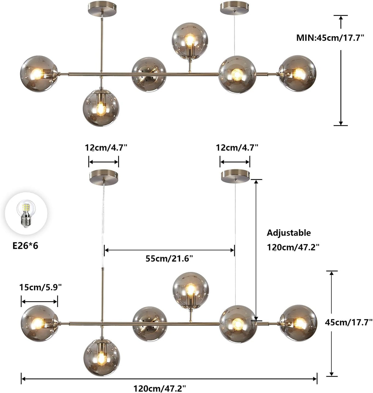 KCO Modern 6-Light Ceiling Pendant Lighting Mid-Century Glass Globes Sputnik Pendant Lamp Hanging Adjustable Chandelier for Kitchen Island Living Dining Room (Silver+Smoke Grey)