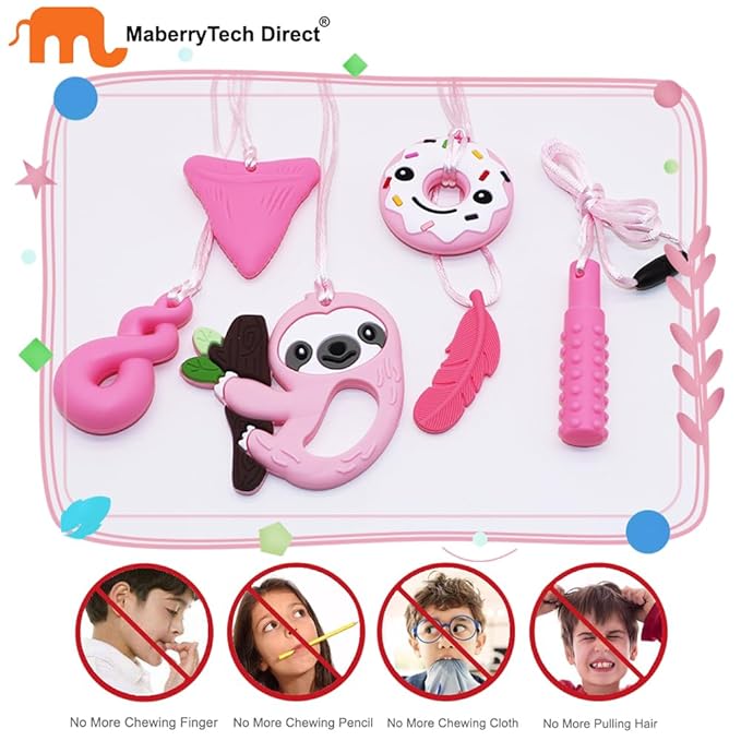 Chew Necklaces Sensory Stim Toys for Kids - 6 Pack, Silicone Chewy Necklaces for Girls Boys Teens Adults with Autism Anxiety ADHD SPD or Other Sensory Needs - Pink