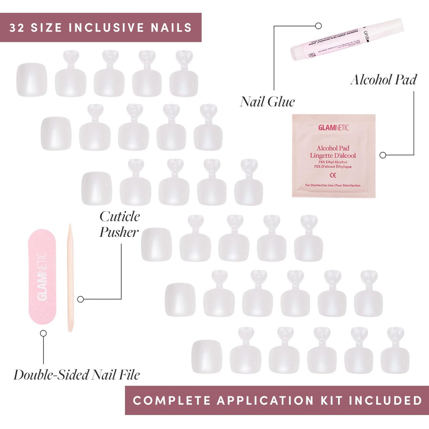 Glamnetic Press On Toenails - Hailey | Soft Pearl White Fake Toe Nails with a Glazed Finish | 16 Sizes - 32 Toe Nail Kit with Glue