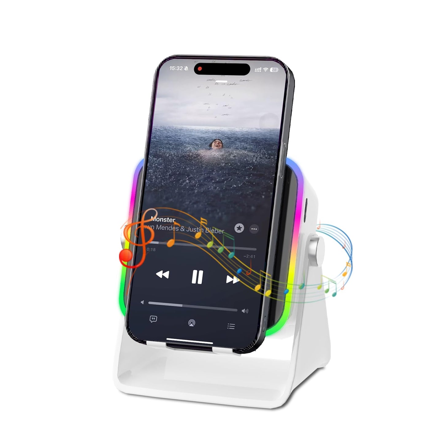 Wireless Induction Speaker 5-in-1 Bluetooth Speaker with Phone Holder, Surround Sound, 3500mAh, 8 RGB Ambient Lights, 360° Adjustable Stand, Holder for iPhone/Android/iPad Gifts for Men Women (White)
