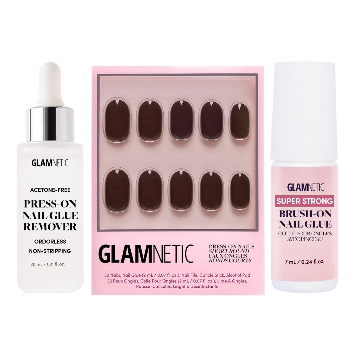 Glamnetic Press-On Nails - Bark Brown | Dark Brown Short Round False Nails | 15 Sizes - 30 Nail Kit with Glue and Remover