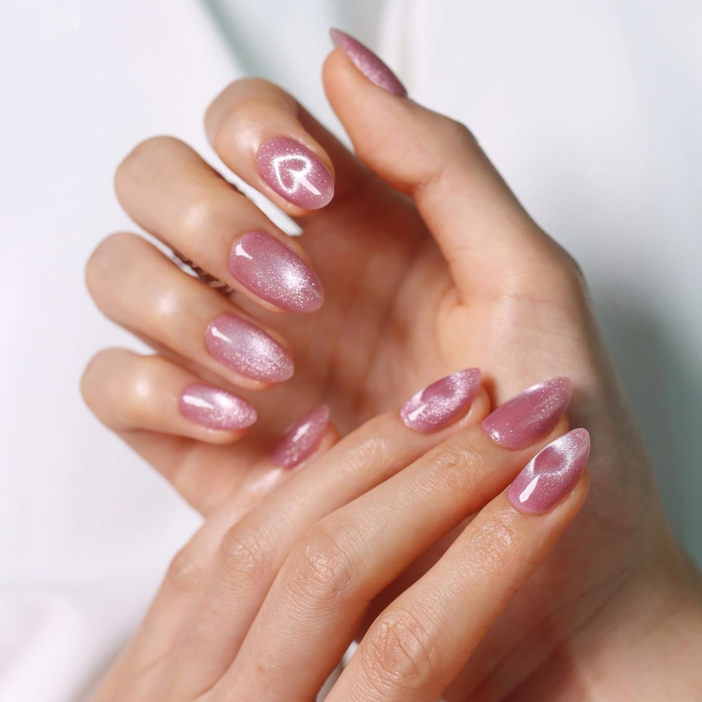 LAMIMOSA 32Pcs Cat Eye Press On Nails Short Almond – Soft Gel Fake Nails in 16 Sizes, Reusable Glue on Nails Kit, SWEETHEART
