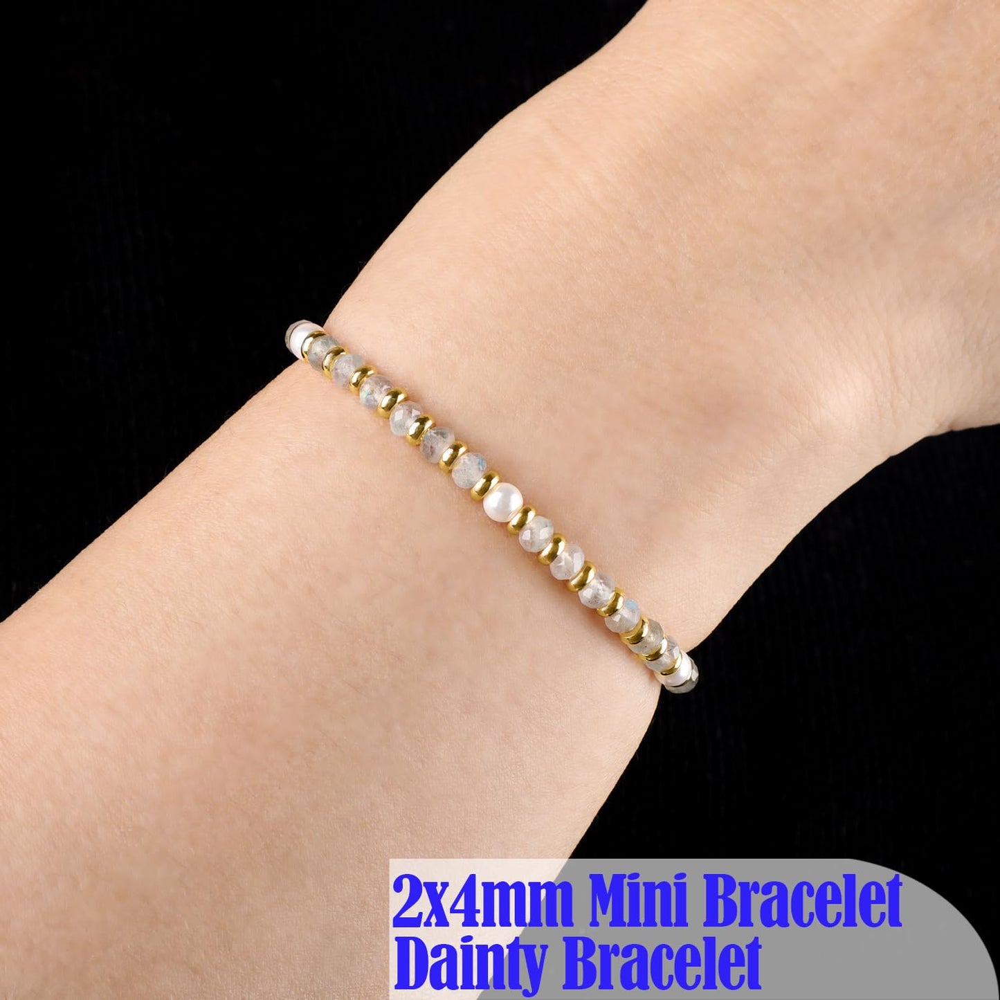 QOGIR Labradorite - Transformation - 14K Gold Plated Beads Natural Gemstone Stretch Elastic Dainty Healing Beaded Bracelets Gifts 2x4mm
