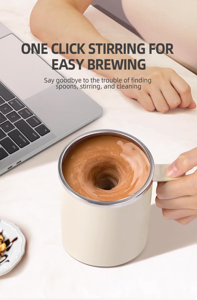 Electric Mixing Mug,Electric Stirring Coffee Mug,Coffee Mugs,Suitable for Coffee, Milk, Cocoa and Other Beverages (Cream White)