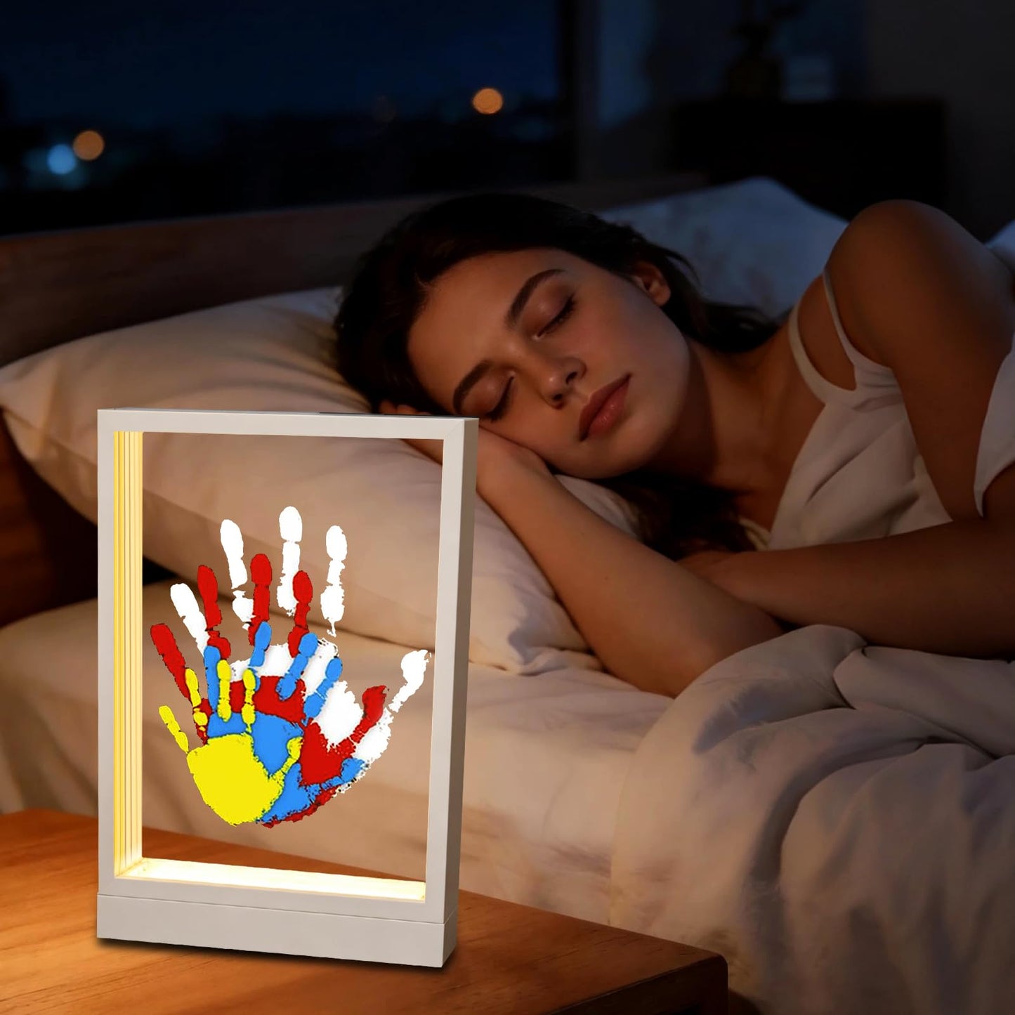 CHERRY CHEERS Family Handprint Kit with Light, Handprint Keepsake Frame, Wooden Led Light, Easy Install, No Need Screw etc, Non-Toxic Paints (White)
