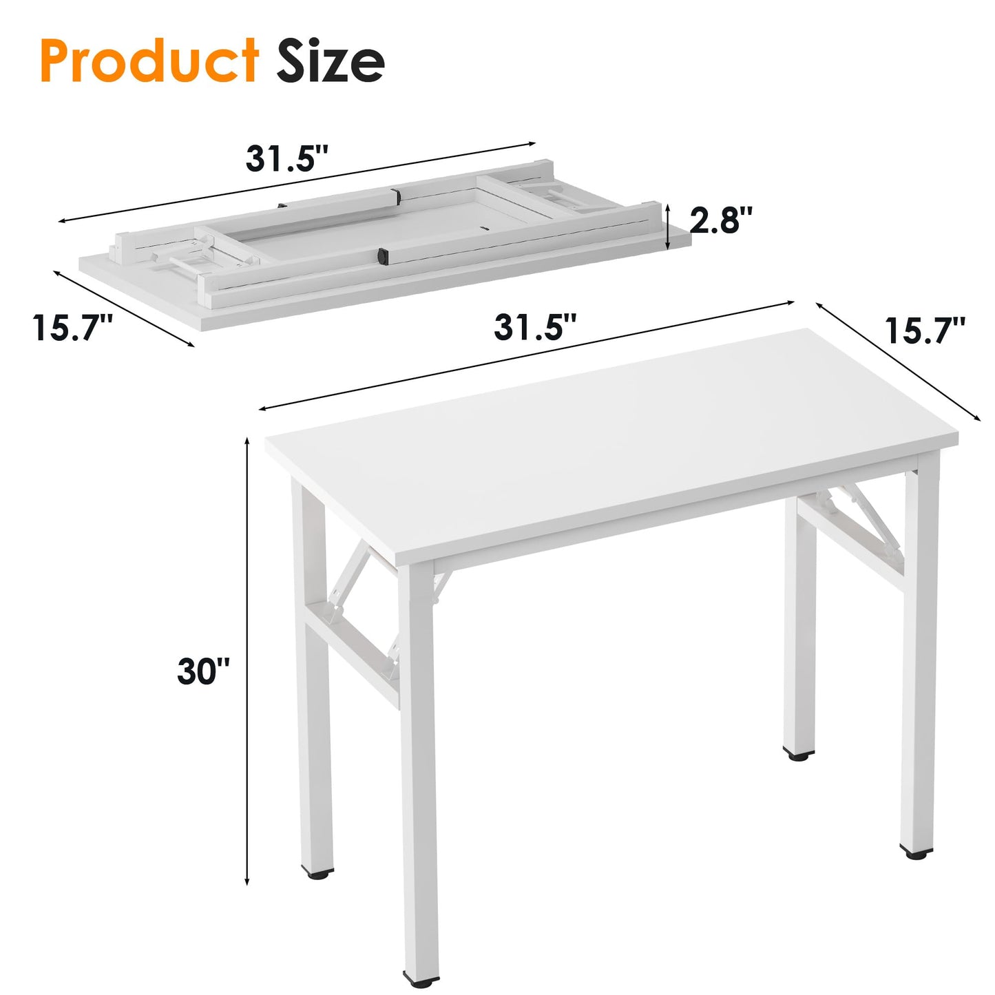 Need 31.5 Inch Folding Computer Desk for Small Spaces, White Study Foldable Writing Table for Home Office, Bedroom, Dorm Room & Student, No Assembly