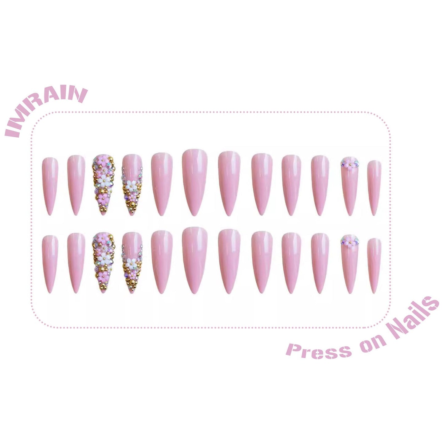 IMRAIN Long Press on Nails Stiletto Pink Fake Nails Rhinestone & Flower Designs Glossy Glue on Acrylic Nails Full Cover Luxury Bling Handmade Stick on False Nails for Women 24Pcs