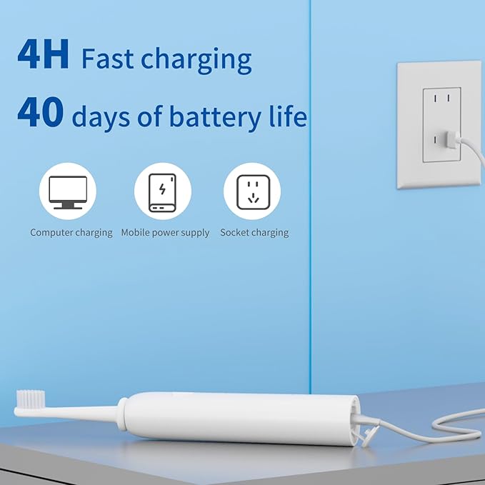Rooman Oscillation&Vibration Sonic Electric Toothbrush for Adults, with 5 Brush Heads for Travel & Teeth Care, 20000 VPM, 3 Cleaning Modes, 2-Minute Timer, IPX7 Waterproof (White)