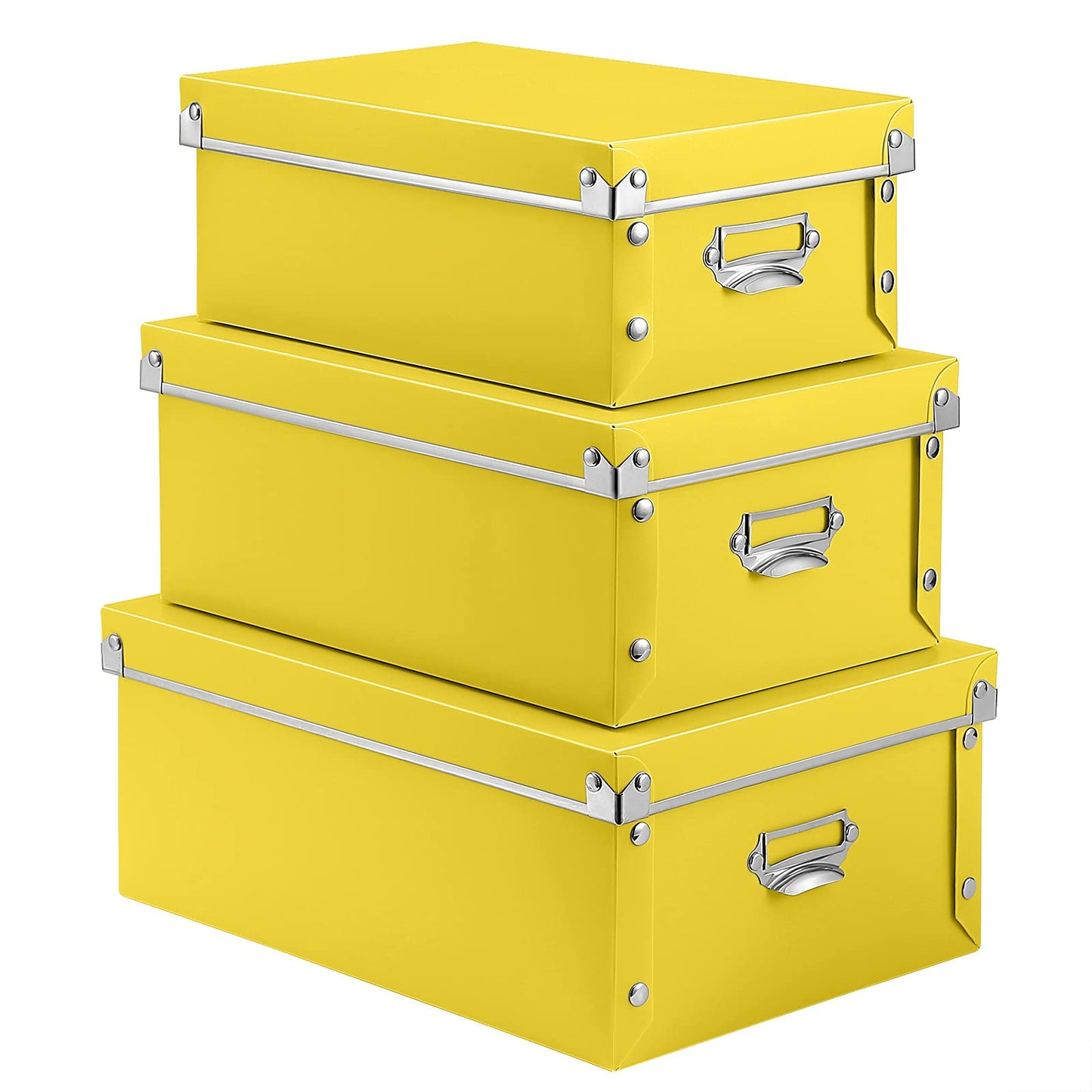 SEEKIND storage box with Lids,3 in 1 Set,Plastic,with Handles,Press-Stud Fastening,Moisture-proof,Foldable for Space Saving Storage,for Clothes,DVD,Blankets (Yellow) …