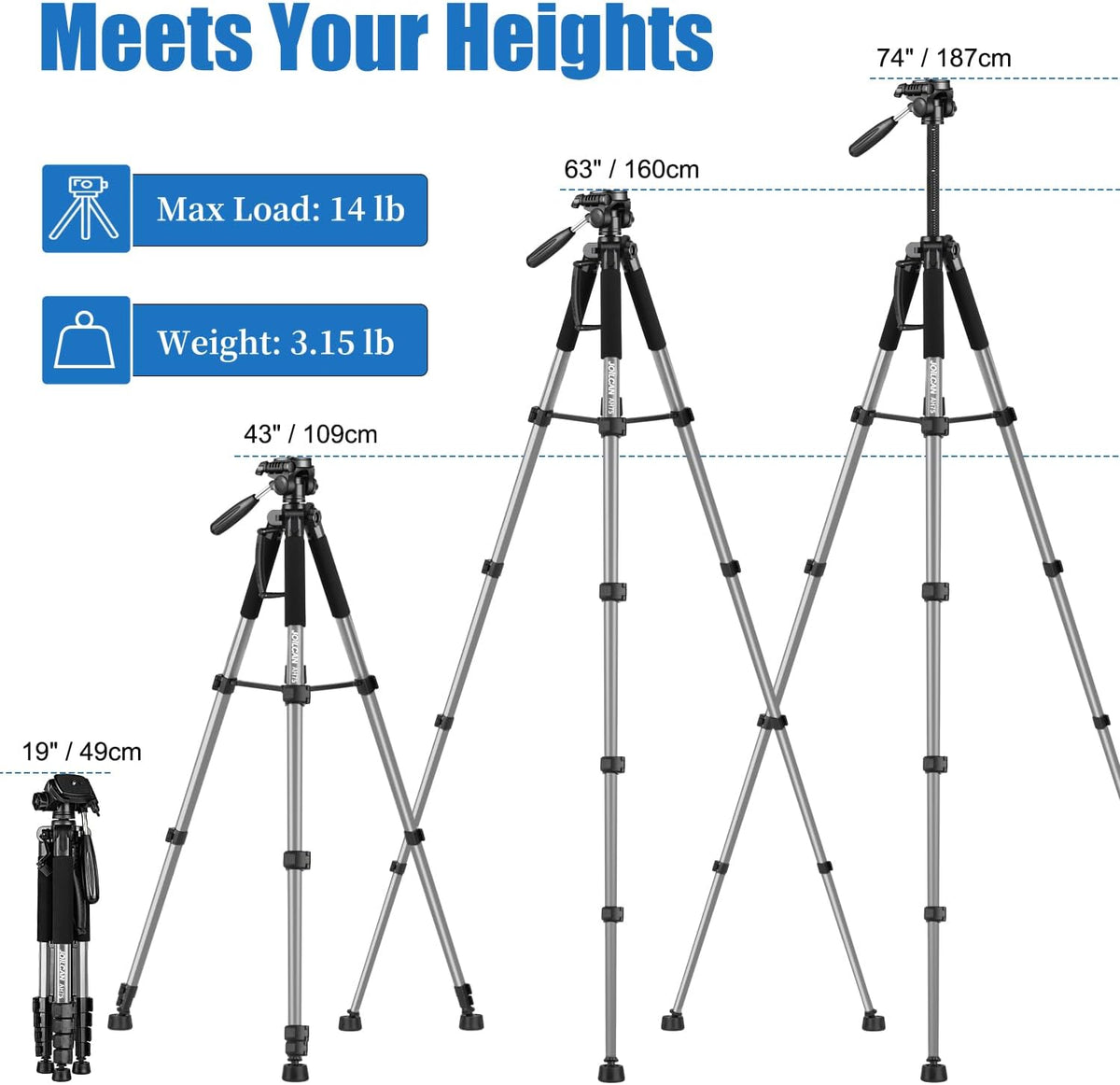 JOILCAN Tripod Camera Tripods, 74" Tripod for Camera Cell Phone, Heavy Duty Tripod Stand, Professional Travel Tripods Compatible with Canon iPhone DSLR, Starry Gray