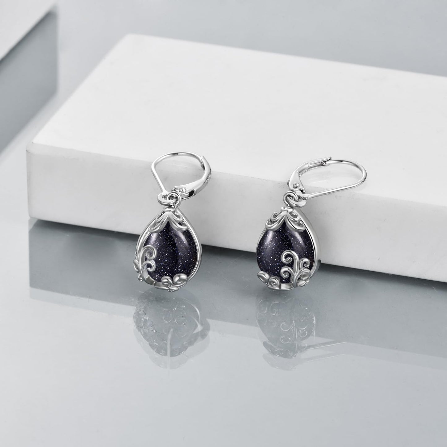 POPLYKE Blue Sand Filigree Teardrop Drop Dangle Earrings Sterling Silver Leverback Earrings Blue Sand Jewelry Gifts for Women