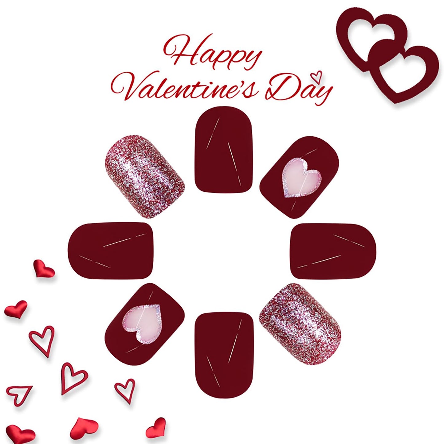 Wine Red Love Heart Valentine's Fake Nails Glitter Powder Design Full Cover Coffin Nails Glossy Press on Nails Short Square Artificial Nails Valentines Charm Stick on Nails for Women 24Pcs