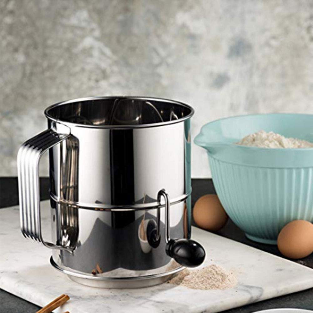 Flour Sifter, 8 Cup Flour Sifter for Baking Fine Mesh Rotary Hand Crank Sifters Stainless Steel with Loop Agitator for Quick Sifting, Flours Duster(COLOR:Silver)