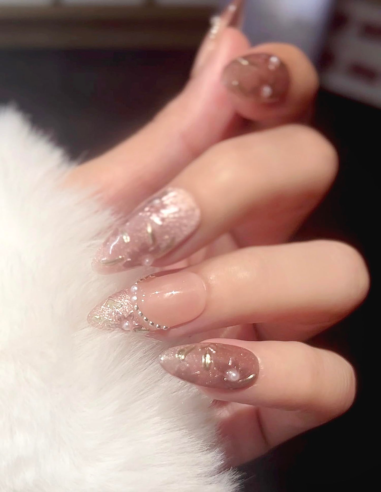 Handmade Press On Nails impress Fake Nails Medium Almond pink Ice flowers Hand Painting Pearl Crystal Manicure False press ons Nail Artificial (M size)