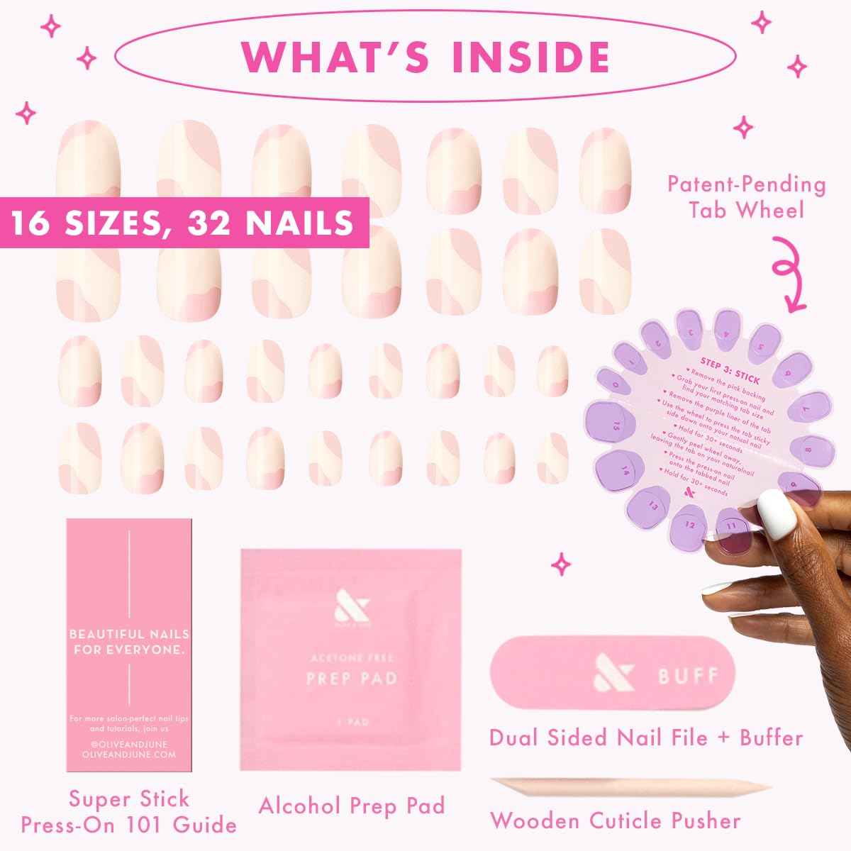 Olive & June Classic Super Stick Mani Press On Nails | No Glue Needed | 32 Tab Nails 16 Sizes | Non-Toxic Tabs Non-Damaging 7-Day Wear | Spring Flowers & Patterns | Extra Short, Round| Organic Swirl