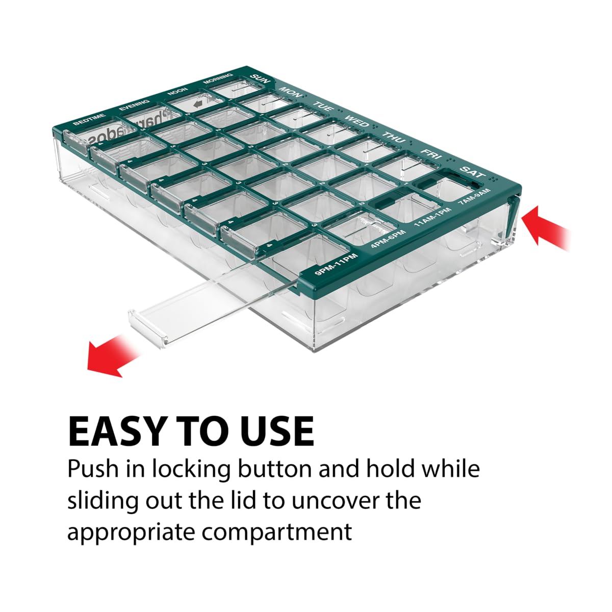 EZY DOSE Weekly AM/PM (7-Day) Daily Pharmadose Pill Planner, Medicine Case, Vitamin and Supplement Organizer, Small Easy Fill Compartments, 4 Times a Day, 28 Compartments, Green, BPA Free