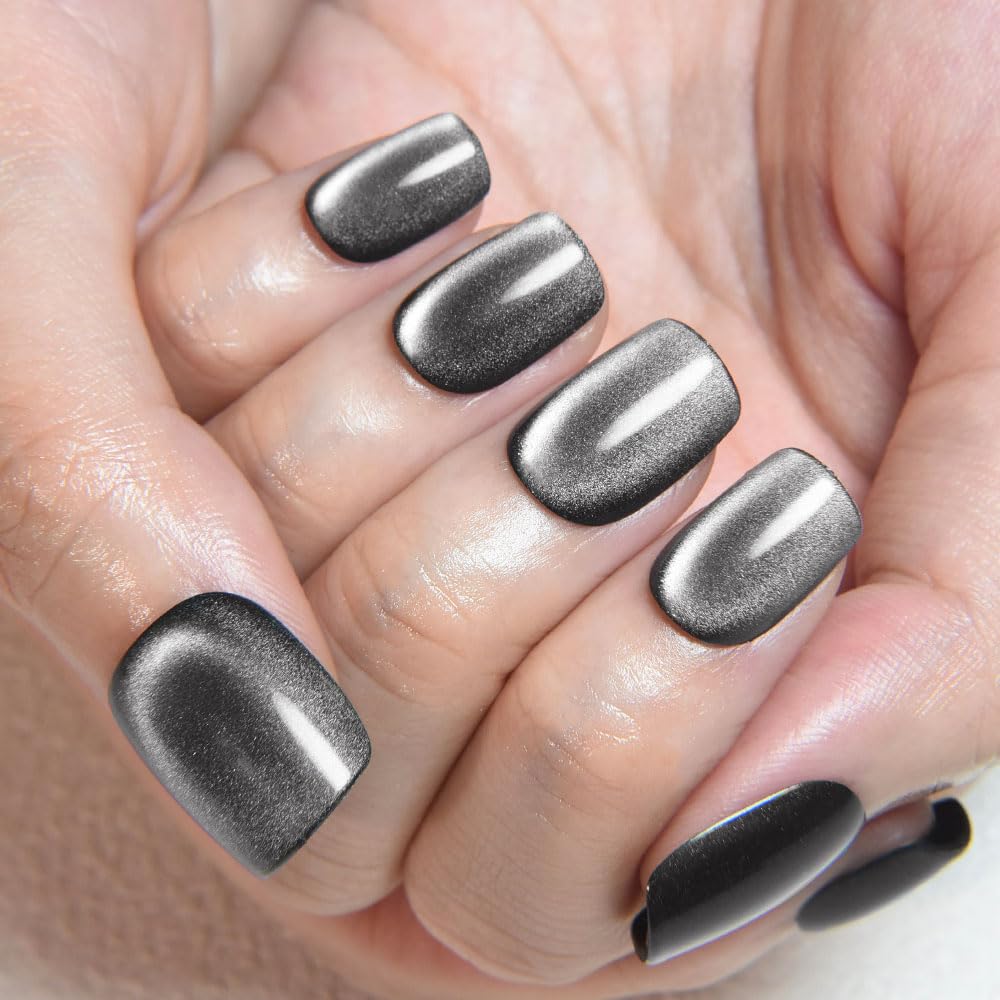 evpct Black Silver Cat Eye Press on Nails Short Square No Glue, Short Square Stick on Nails for Women Gift, Silver Grey Gray Metallic Glitter Shimmer Reusable Press on Acrylic Fake Nail with Design