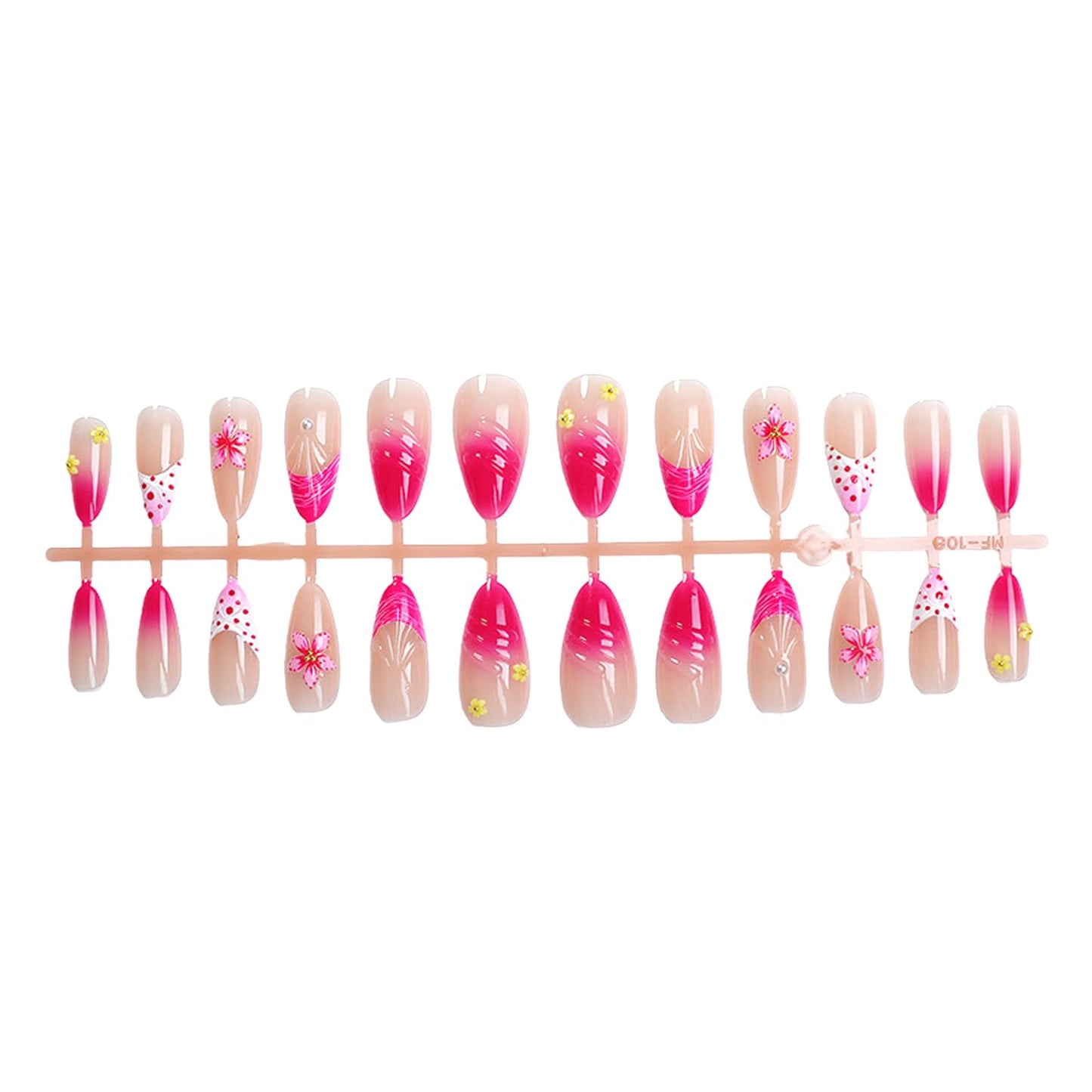 24Pcs Pink Gradient Press on Nails Medium Almond Fake Nails with 3D Seashell Flowers and Hand-Painted Pearls Designs French Nails Cute Stick on Nail Floral False Nails for Women