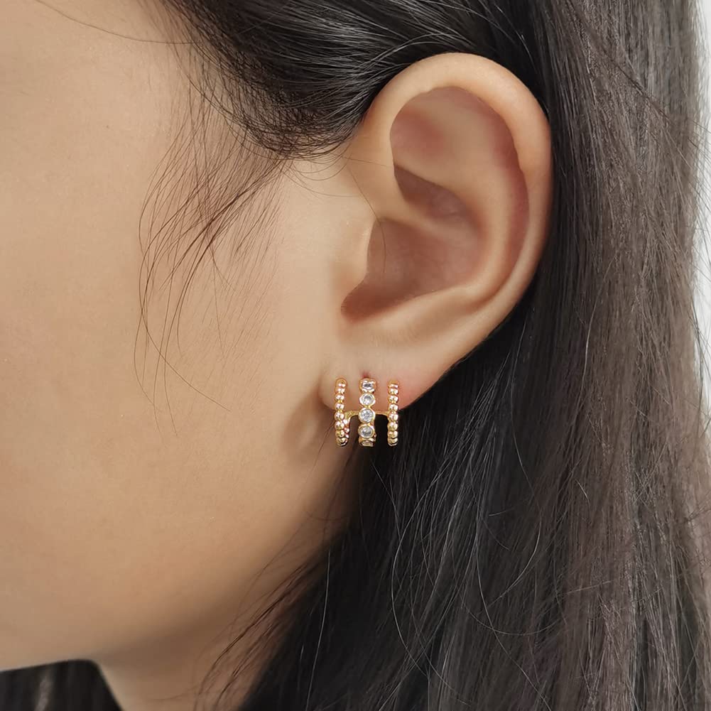 Obidos 14K Gold Plated Illusion Stud Earrings for Women | Triple Huggie Hoop Earrings for One Hole (Plated Gold)