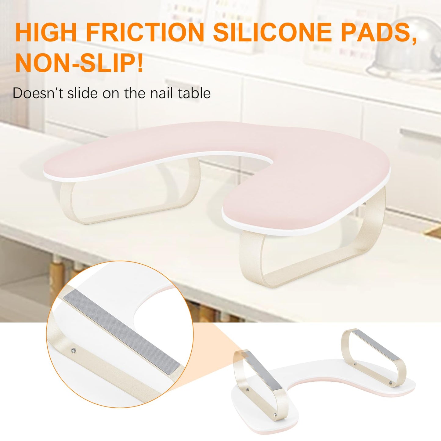 Arm Rest for Nails Tech Upgraded 10° Inclined, U-Shaped Manicure Nail Arm Rest Stand, Pink Nail Armrest for Nail Tech Hand Rests with Gold Aluminum Alloy Holder Non-Slip