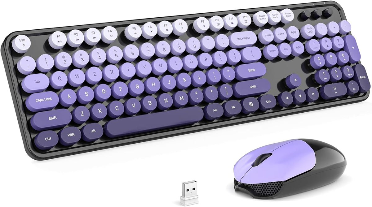 KNOWSQT Wireless Keyboard and Mouse Combo - Black-Purple Colorful 2.4G Typewriter Full-Size Cute Keyboards - USB Receiver Plug and Play, for Computer, PC, Laptop, Desktop, Windows