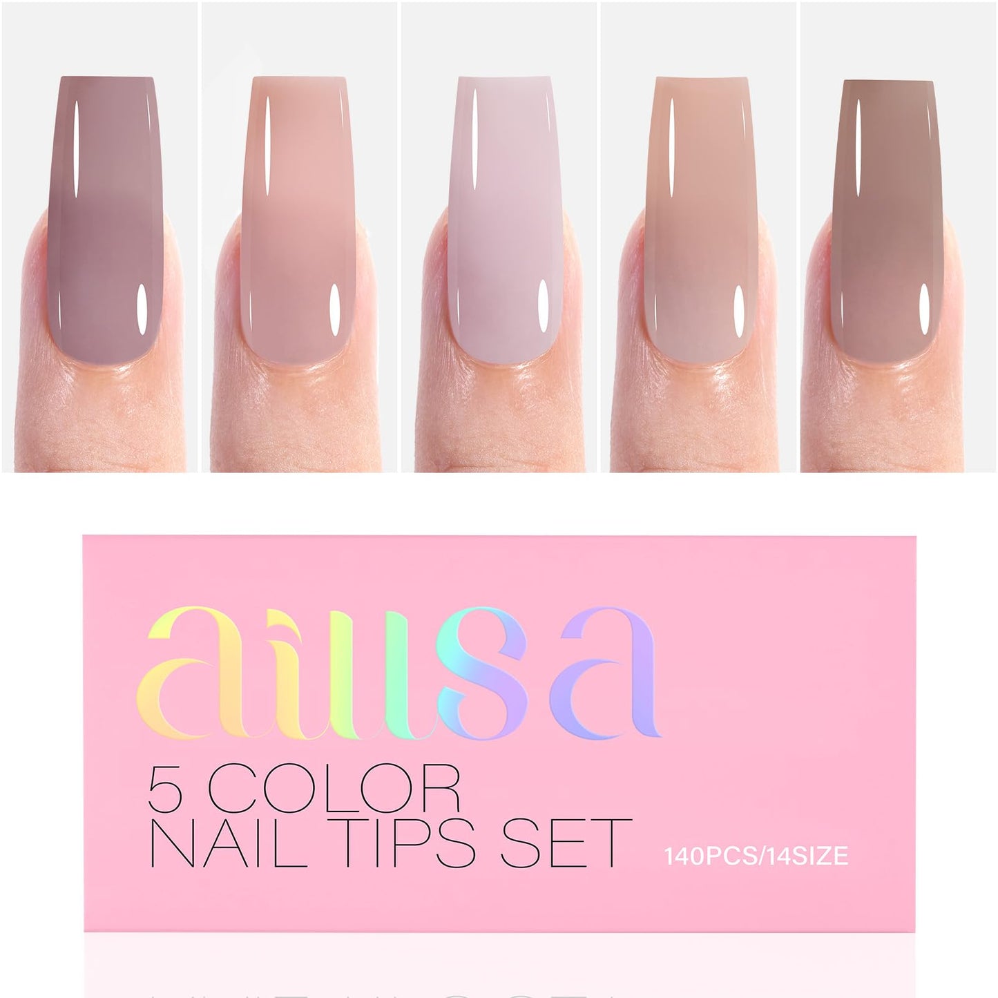 AILLSA Press on Nails Medium Square 140 PCS Fake Nails 4 in 1 Medium Glossy Nude Nails Press Ons, Long Lasting Pre-Shaped Gel Nails Natural False Nail for Nail Art DIY Women