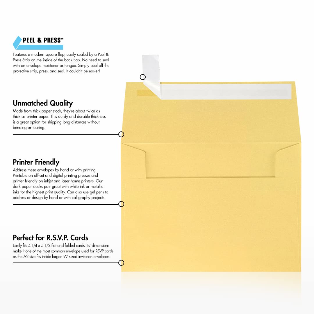 LUXPaper A2 Invitation Envelopes | Peel & Press | 4 3/8" x 5 3/4" | Gold Metallic | 80lb. Text | 50 Qty