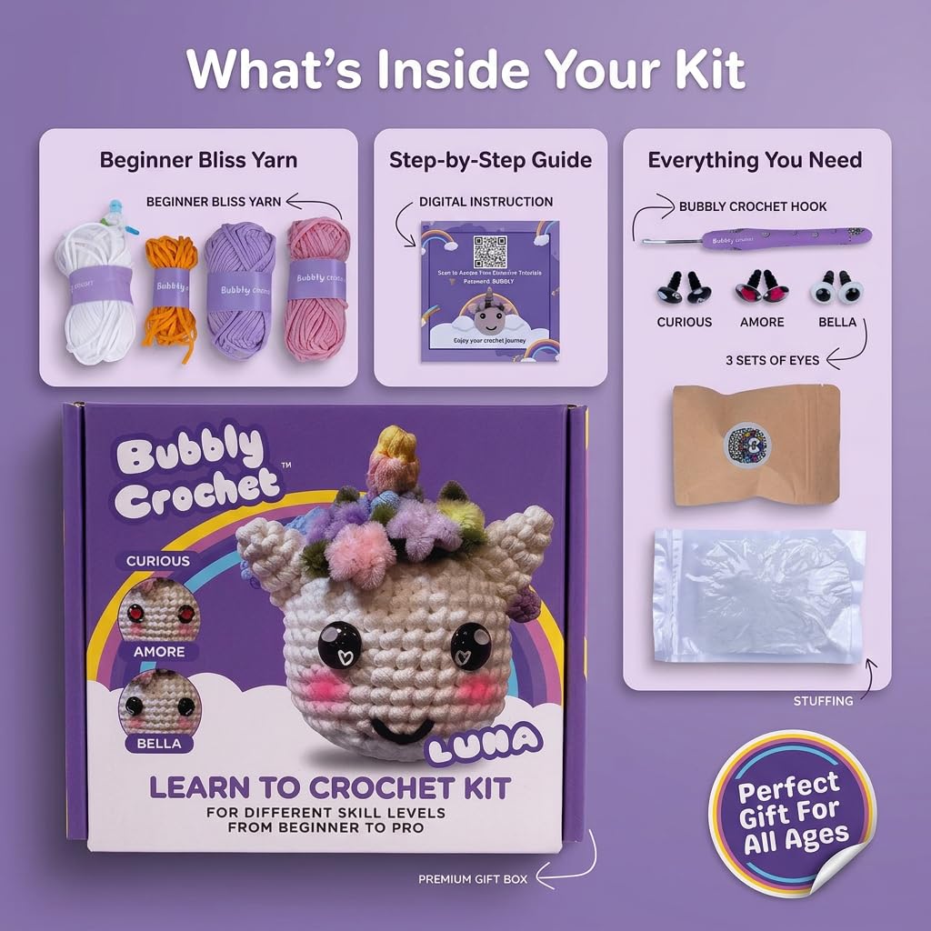 Bubbly Crochet - Luna the Unicorn Starter Kit | Includes Step-by-Step Tutorial Videos | Easy to Customize | Fun Handmade Gift and Easy Arts