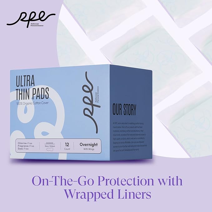 100% Organic Overnight Pads for Women, Ultra Thin Extra Heavy Flow Menstrual Sanitary Napkins with Wings Cotton Extra Coverage Period-Pads Super Absorbency Feminine Pad (Overnight, Size 5, 72 Ct)