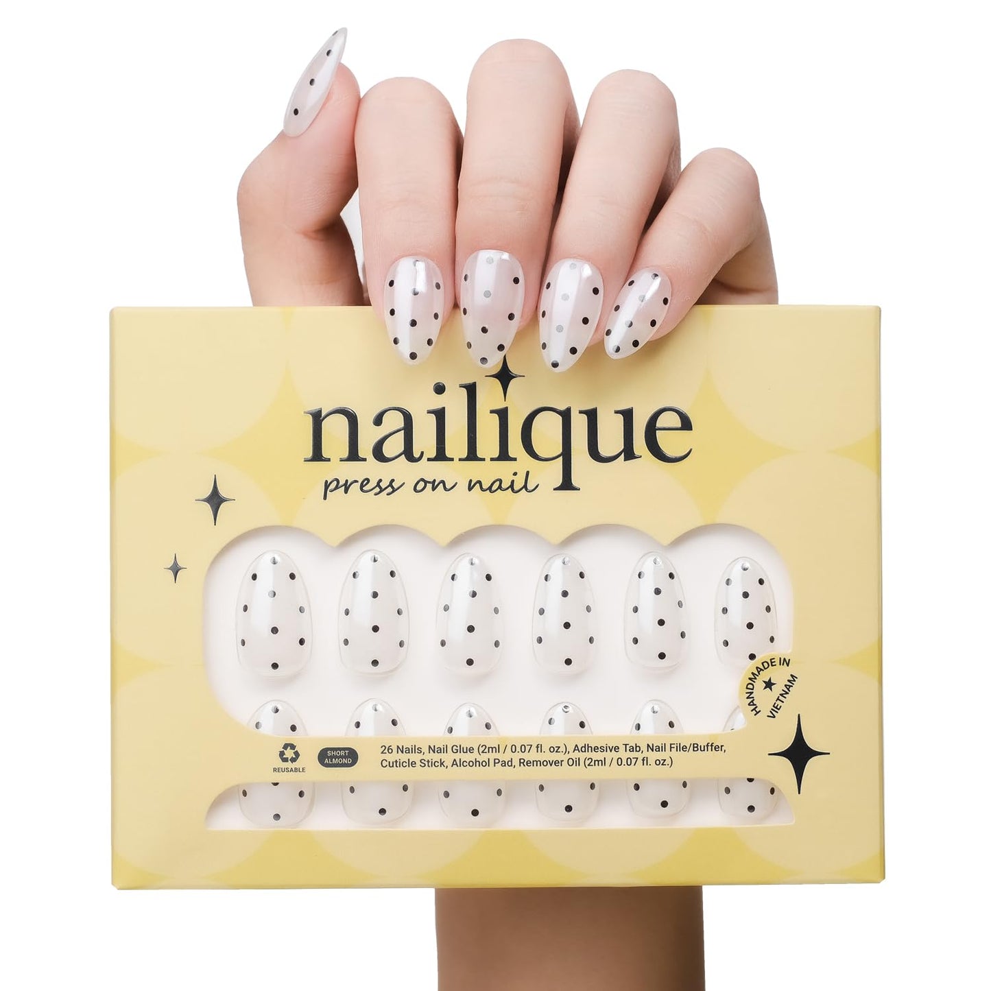 Nailique Press On Nails Short Almond – Handmade Chrome Glazed Donut Soft Gel White Black Polka Dot, 26pcs Reusable Nail Tips with Glue & Remover, Salon Quality Bridal Wedding Manicure