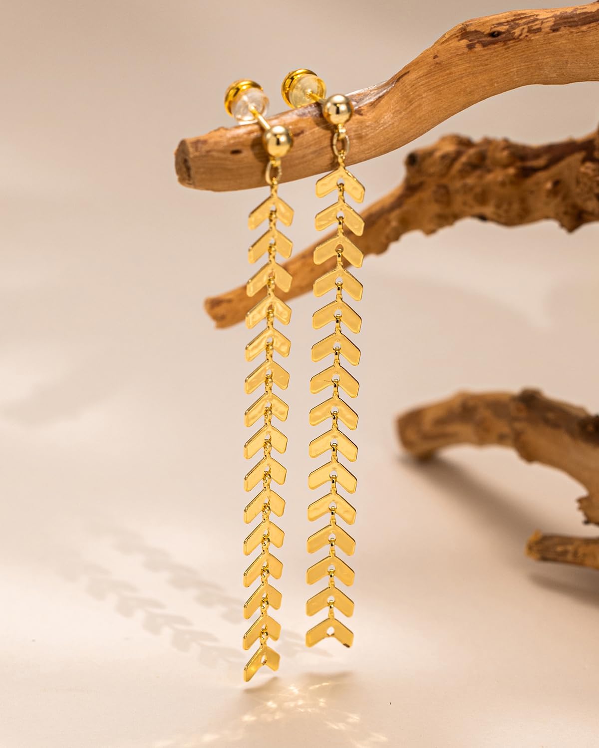 PRTGL Dangle Earrings - 14K Gold Plated Fishbone Wheat Design Long Dangle Earrings for Women