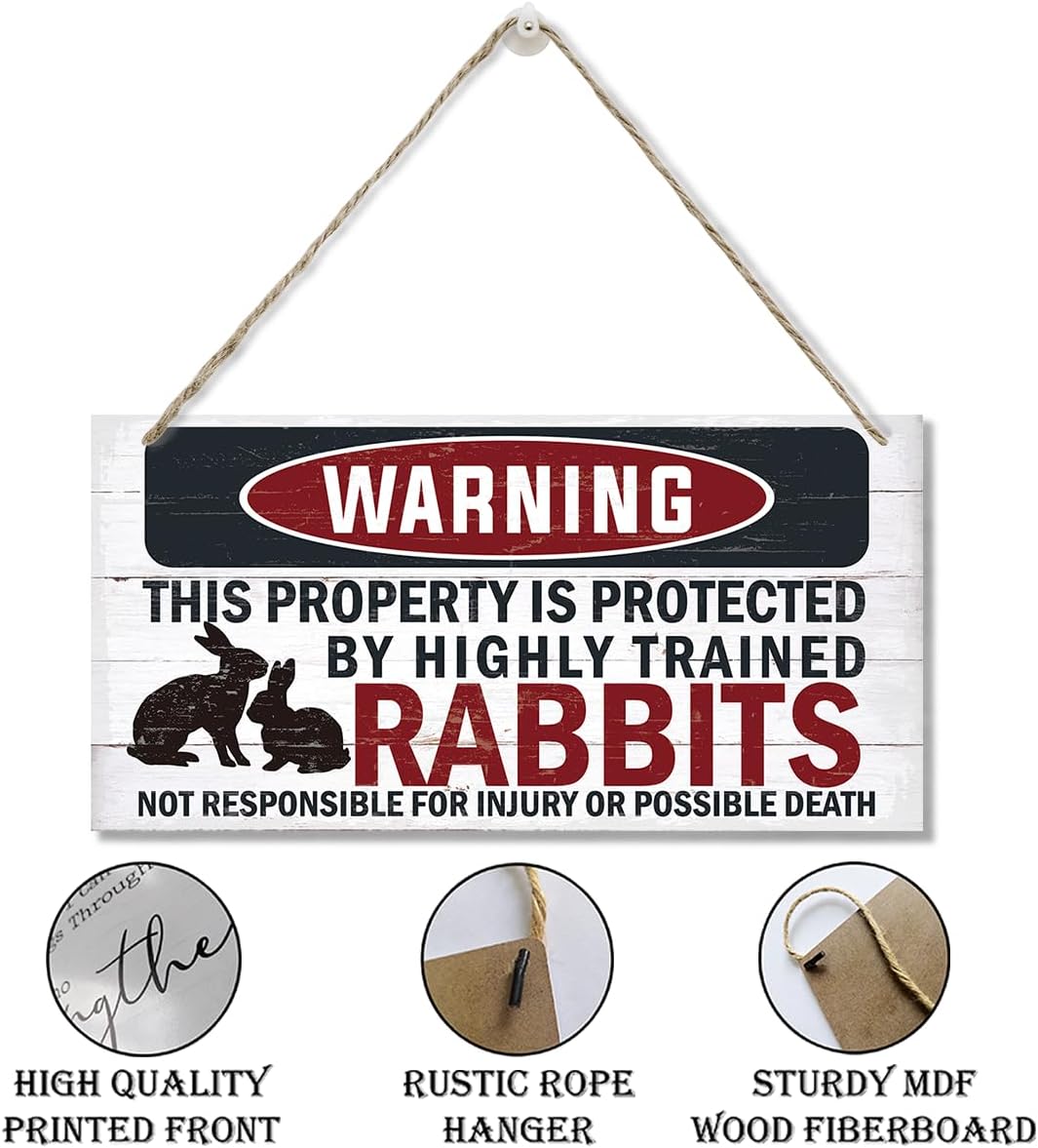 Funny Warning Signs, The Property is Protected By Highly Trained Rabbits Sign, Decorative Wood Hanging Wood Plaque, Rabbit Warning Decor Outdoor, Farm Decor, Rustic Home Decor for Front Door