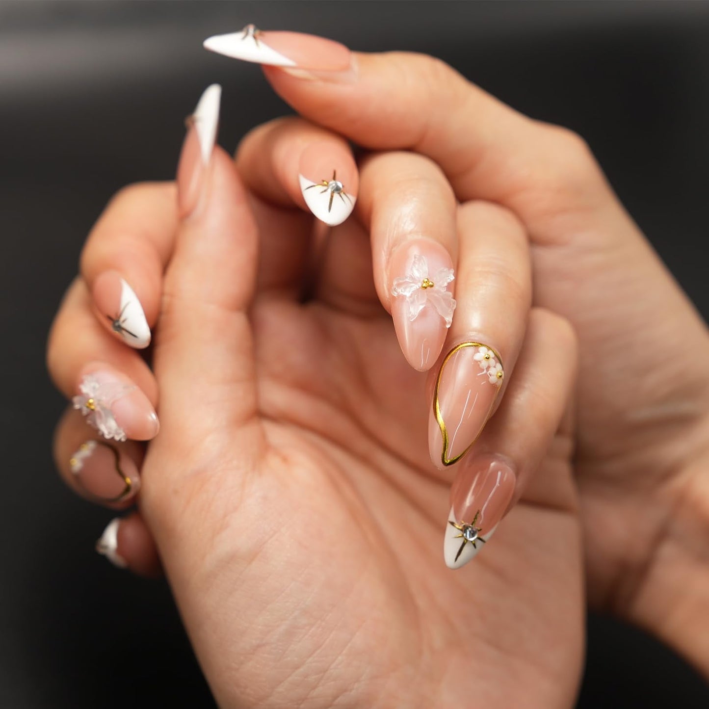 Brown French Tip Press On Nails Medium Almond ，3D Metallic Rhinestones style Design Handmade Press On Nails ，Reusable Glam Art Acrylic False Nails (10 PCS) M SIZE