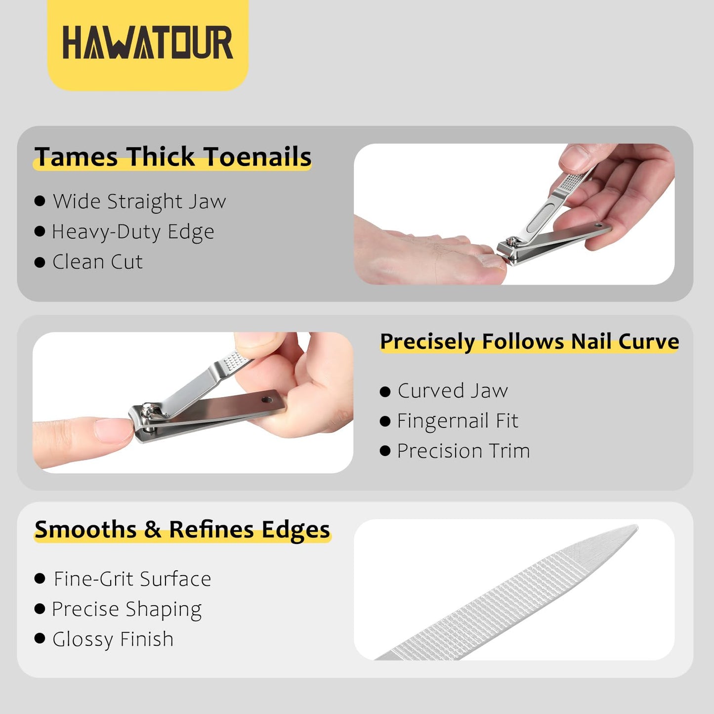 HAWATOUR Nail Clippers 3-Piece Kit, Ultra Sharp Fingernail Toenail Cutters with Separate Nail File, Compact Tin Case, Silver