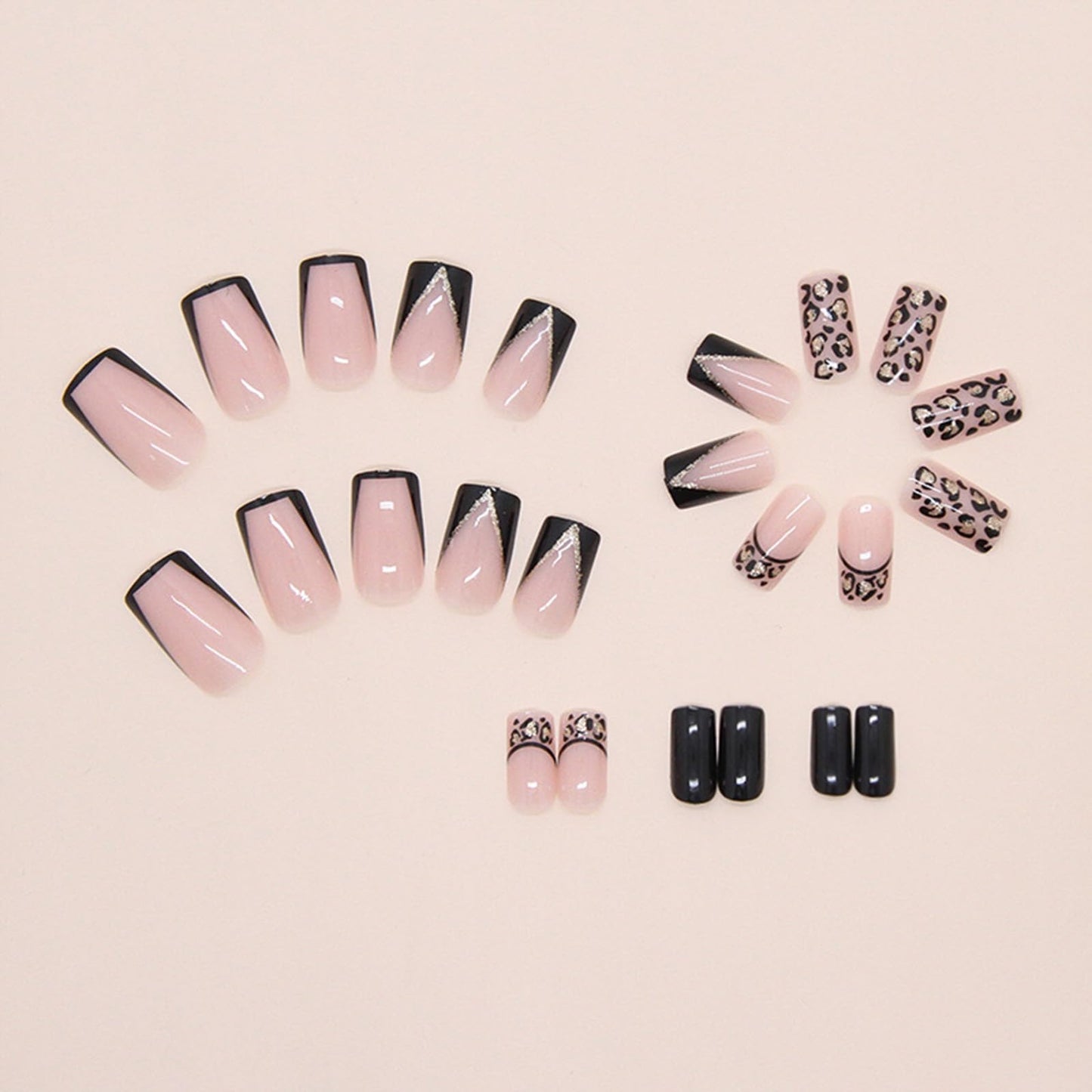 SINHOT Press on Nails - Short Square Fake Nails, Glossy Finish, Black French Tip & Cheetah, DIY Artificial False Nail Art - 24 Pcs Nail Kit with Glue