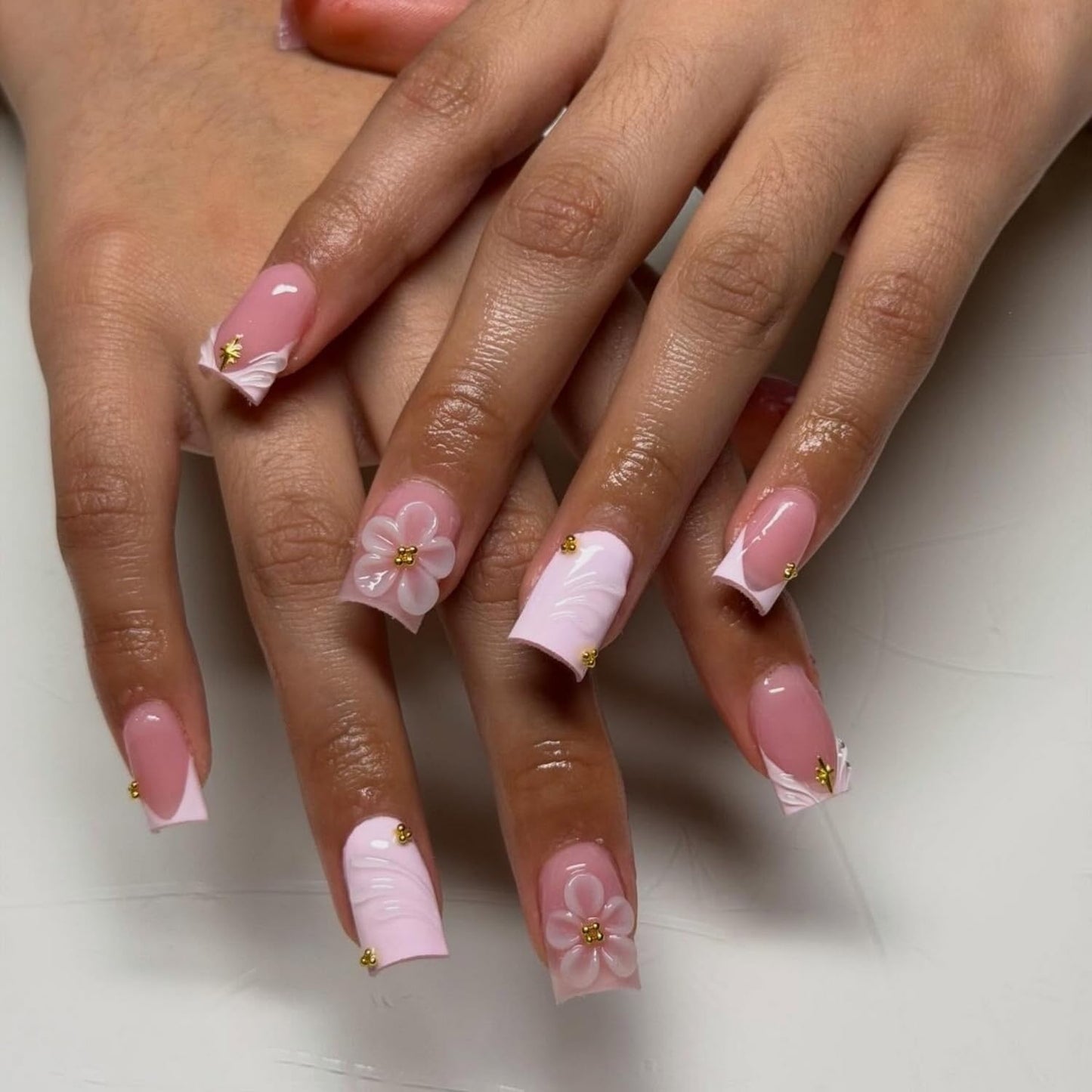 Pink Flower Press on Nails Handmade Press on Nails Short Duck Muti-Layer Gel Acrylic Nails with Design Thick White French Tip False Nail Full Cover Acrylic Stick on Nail for Women (M)