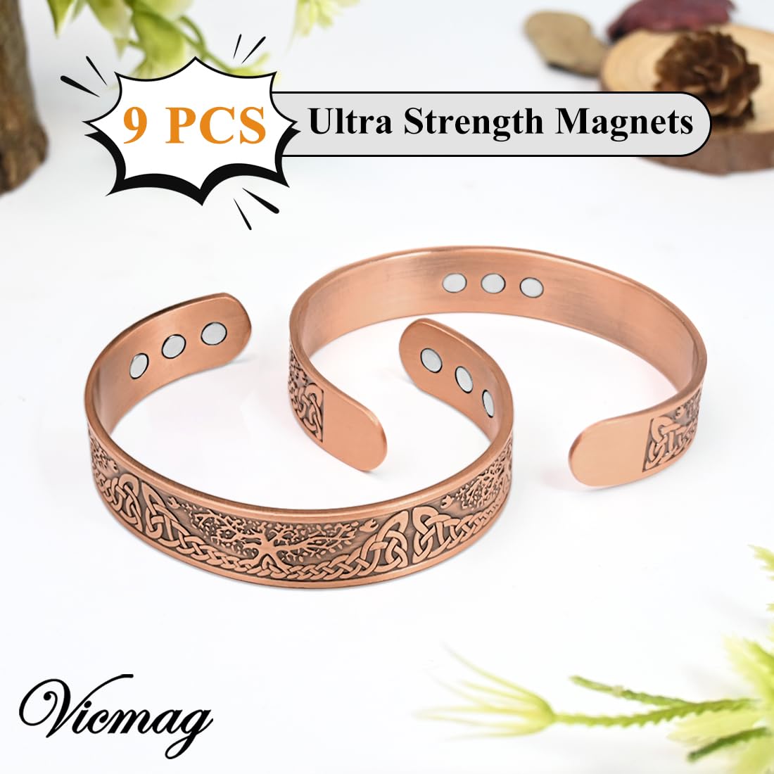 Vicmag Copper Magnetic Bracelet for Men Magnetic Bracelets 9X Ultra Strength Magnets Tree of Life Pattern Adjustable 99.9% Solid Pure Copper Present
