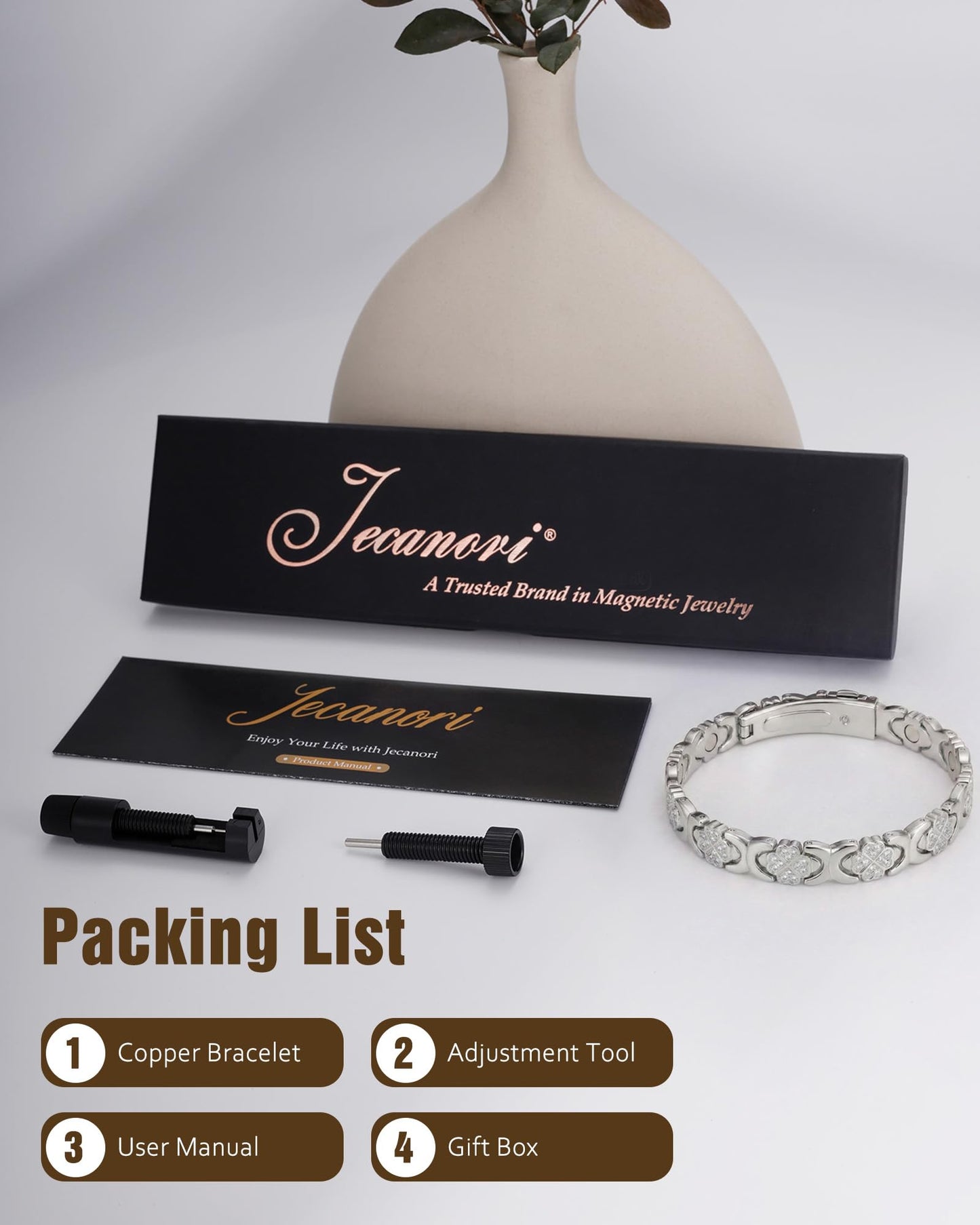 Jecanori Magnetic Copper Bracelet for Women With 3500 Gauss Magnets, Heart-Leaf Copper Bracelet, Premium Fold-Over Clasp,Silver