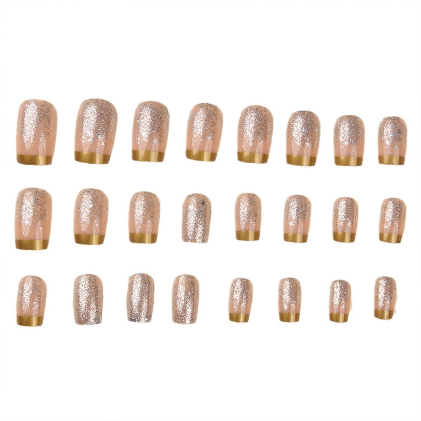 SINHOT Square Press on Nails Medium Fake Nails Glossy Glue on Nails Bling Glitter Acrylic Nails Squoval Artificial Nails Gold French Tip Stick on False Nails with Design 24 pcs