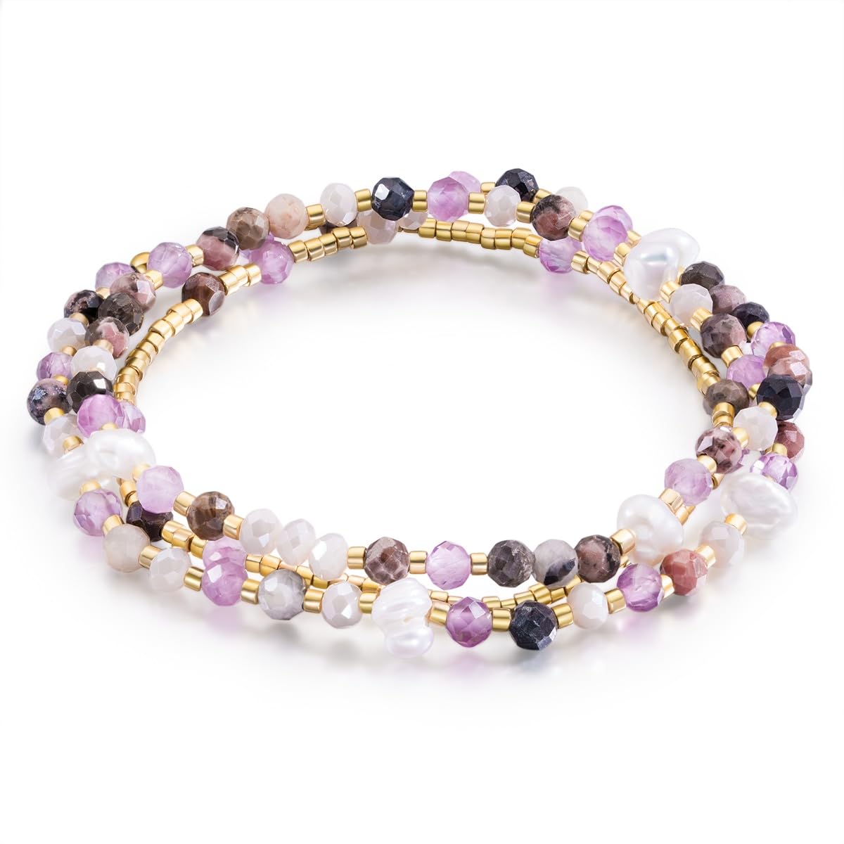 POMODA Beaded Bracelets Stack for Women Small Beaded Stretch Stone Bracelets Stackable Gemstone Crystal Dainty Boho 14K Gold Plated Beads Anklets Necklace Summer Jewelry for Women